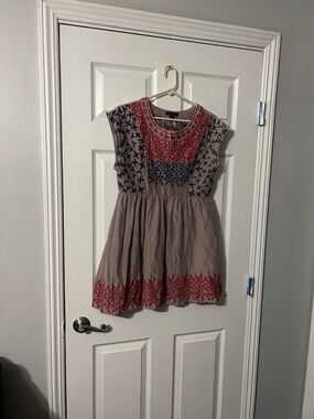 Embroidered Taupe Maxi Dress with Red & Navy Accents